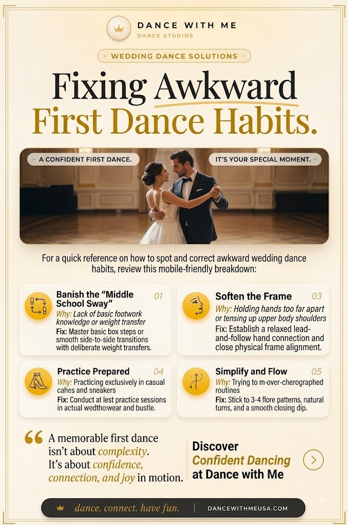 Wedding dance lessons infographic showing common first dance mistakes and how couples can build confidence through private wedding dance lessons at a professional dance studio.