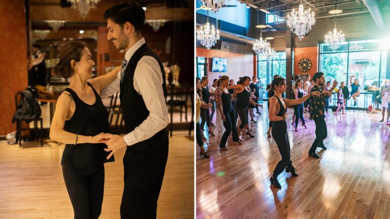 Private dance lesson with instructor and student (left) next to a group dance class of students learning together (right)